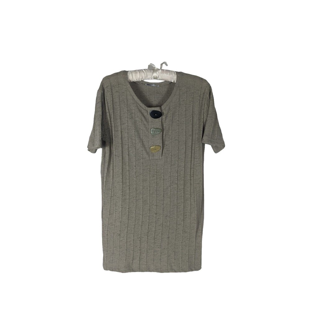 Zara Tunic S Women's Short Sleeve Henley Large Button Ribbed Textured Neutral